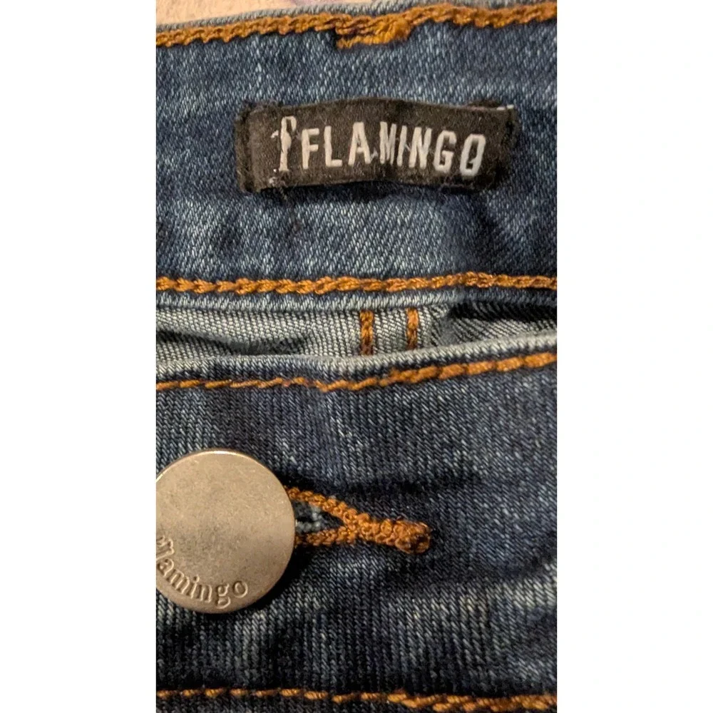 Flamingo Embroidered Wide Leg Jeans Blue‎ Denim Size Medium Y2K Floral low rise